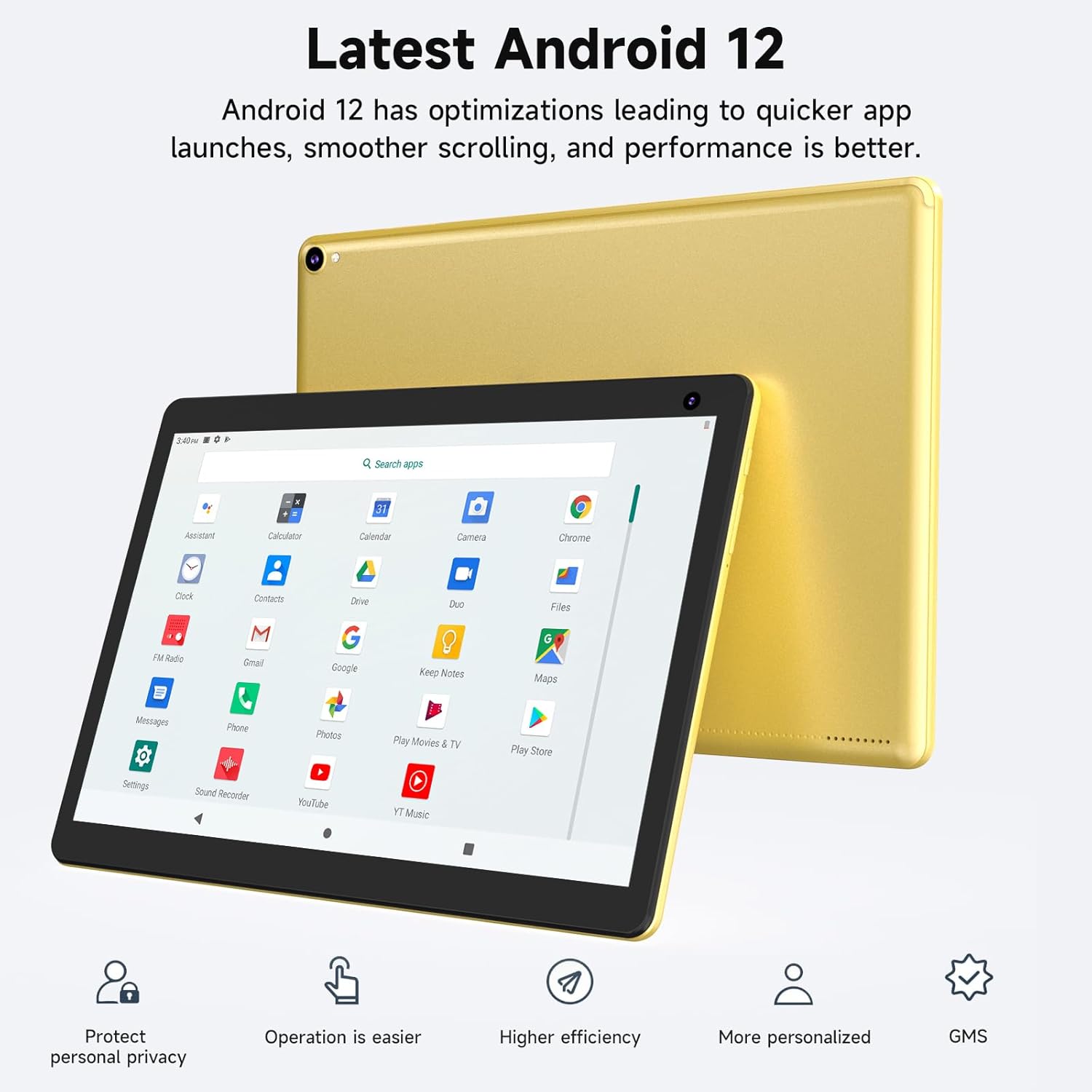 Tablet Android, 10 inch Tablets Computer 2GB+32GB Support 512GB Expand, 2MP and 8MP Dual Camera, 1280x800 IPS Screen, WiFi, Bluetooth, 6000mAh, Google GMS Certified Tableta, Yellow