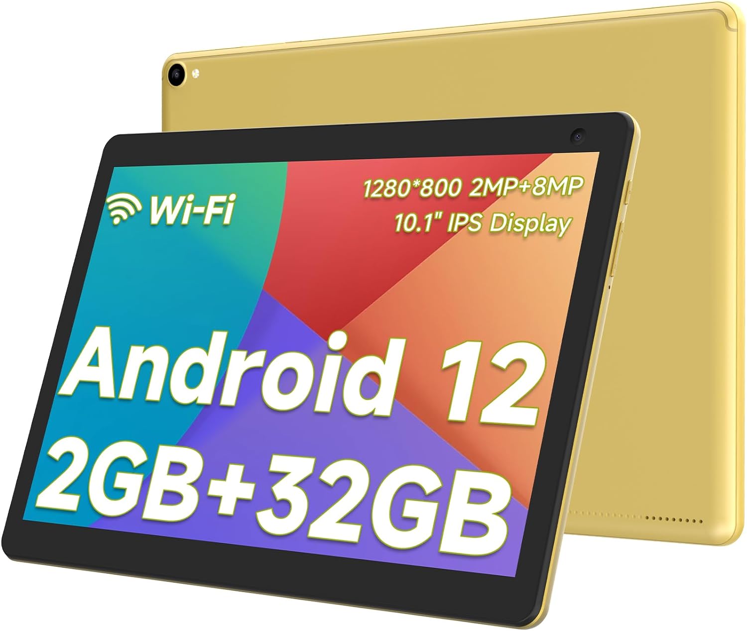 Tablet Android, 10 inch Tablets Computer 2GB+32GB Support 512GB Expand, 2MP and 8MP Dual Camera, 1280x800 IPS Screen, WiFi, Bluetooth, 6000mAh, Google GMS Certified Tableta, Yellow