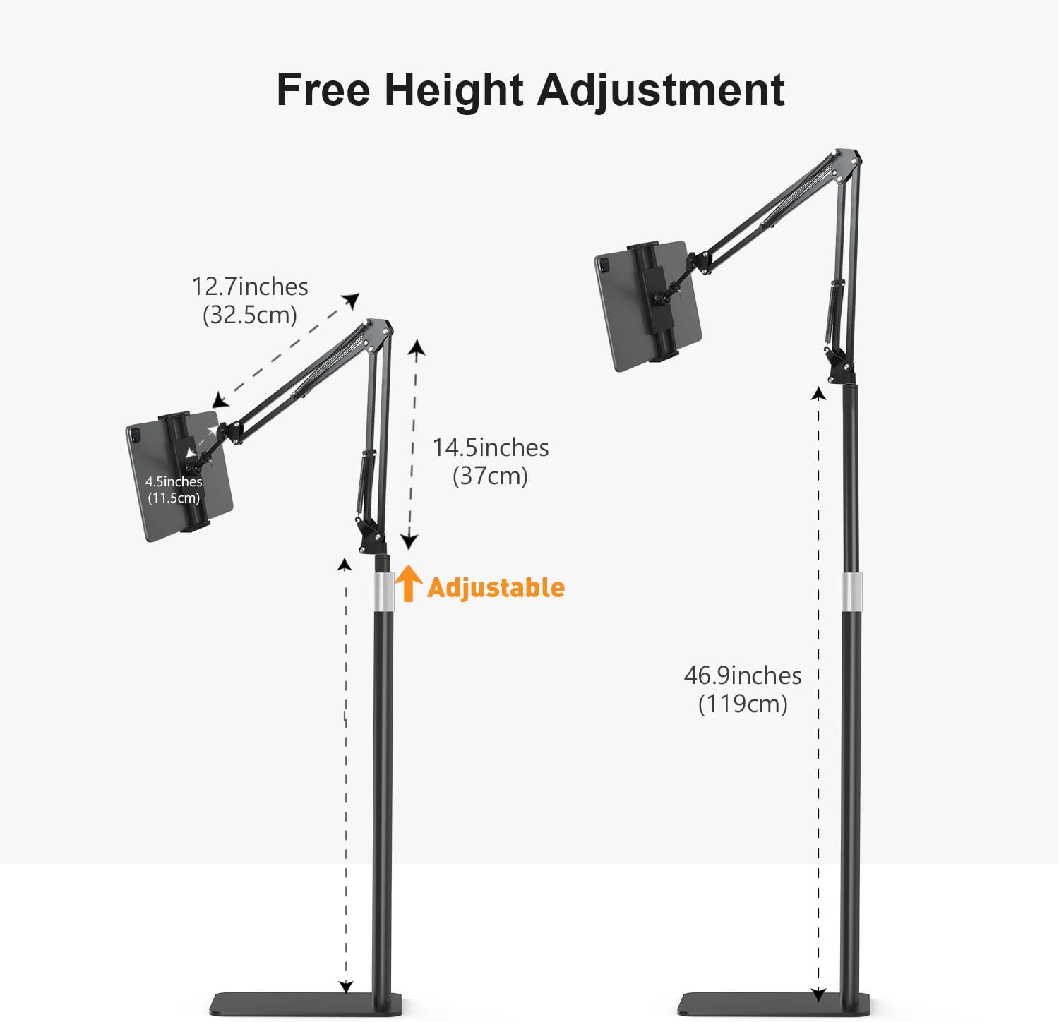 Tablet Floor Stand with Two Bases, Adjustable Universal Metal Tablet Stand Holder Supports Both Floor and Desktop Use，Compatible with iPad/iPhone/Kindle or Other 4.7”~13”Devices