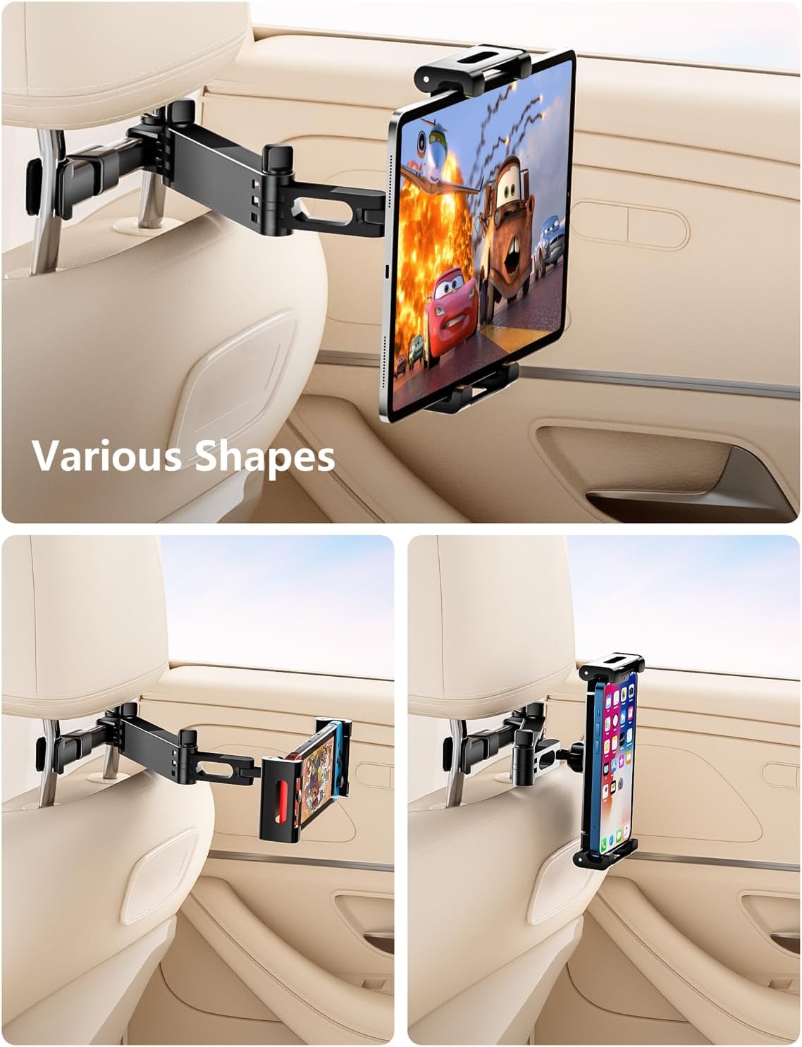 Tablet Holder for Car Headrest, ipad Car Holder Back Seat [3 in 1 Extension Arm], 360° Rotating Adjustable Road Trip Essentials for 4.7-11 iPad Pro, Air, Mini, Galaxy, Fire