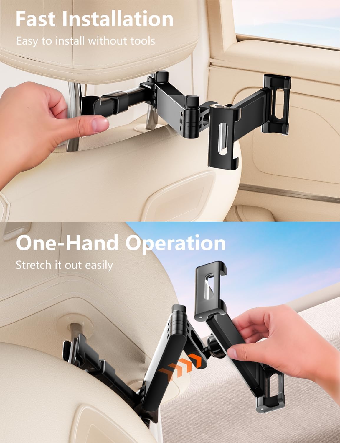 Tablet Holder for Car Headrest, ipad Car Holder Back Seat [3 in 1 Extension Arm], 360° Rotating Adjustable Road Trip Essentials for 4.7-11 iPad Pro, Air, Mini, Galaxy, Fire