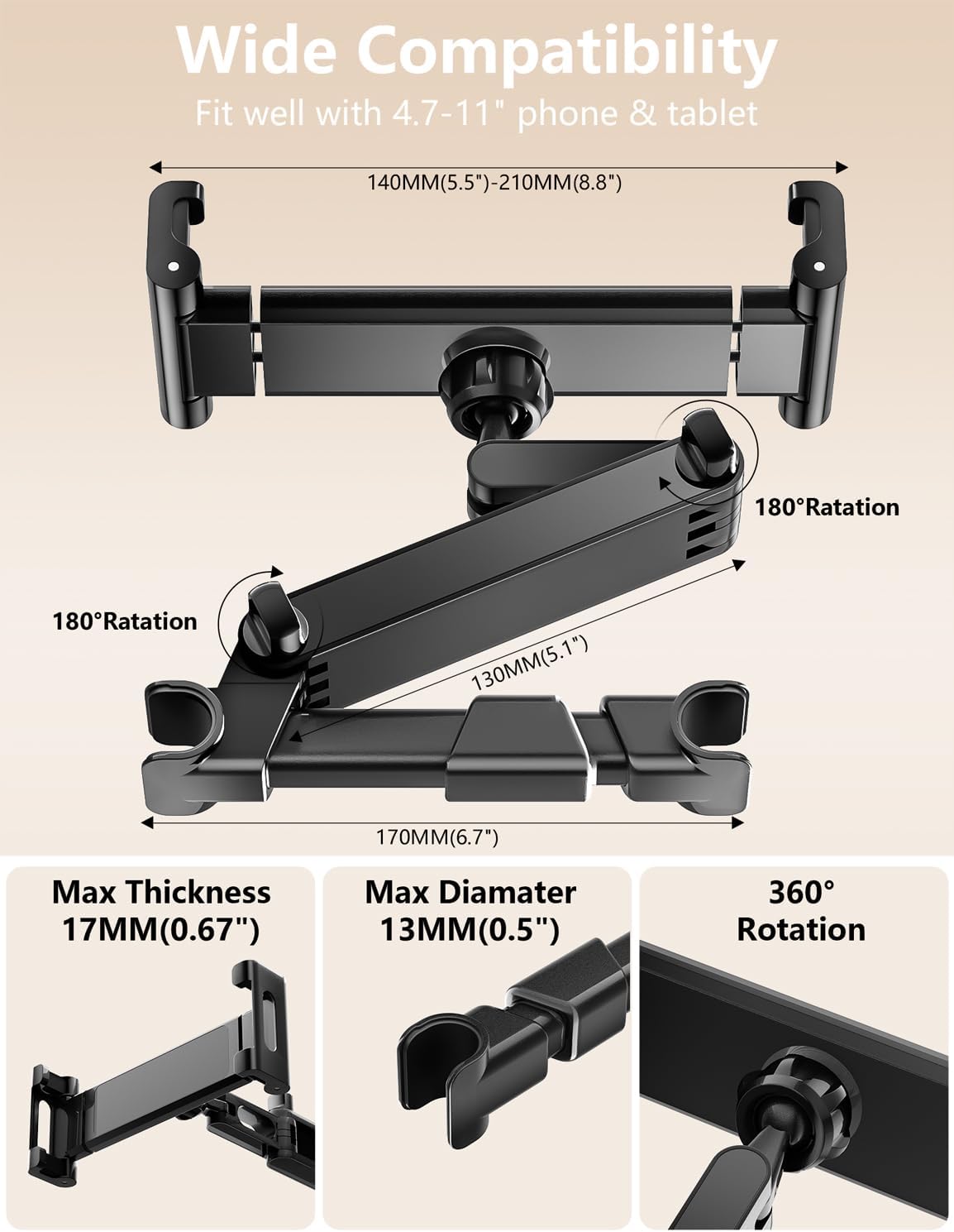 Tablet Holder for Car Headrest, ipad Car Holder Back Seat [3 in 1 Extension Arm], 360° Rotating Adjustable Road Trip Essentials for 4.7-11 iPad Pro, Air, Mini, Galaxy, Fire