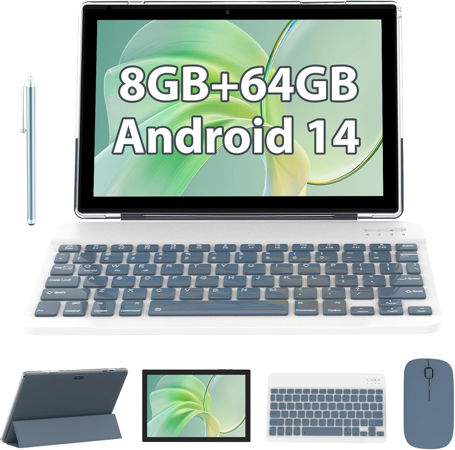 10 inch Tablet with Keyboard 2 in 1 Tablet Android 14 Tablets Include Case Mouse Stylus 6000mAh battery 8GB+64GB/1024GB Expandable 10.1 Tableta, Dual Camera tab, WiFi Bluetooth Tablet PC (Blue)