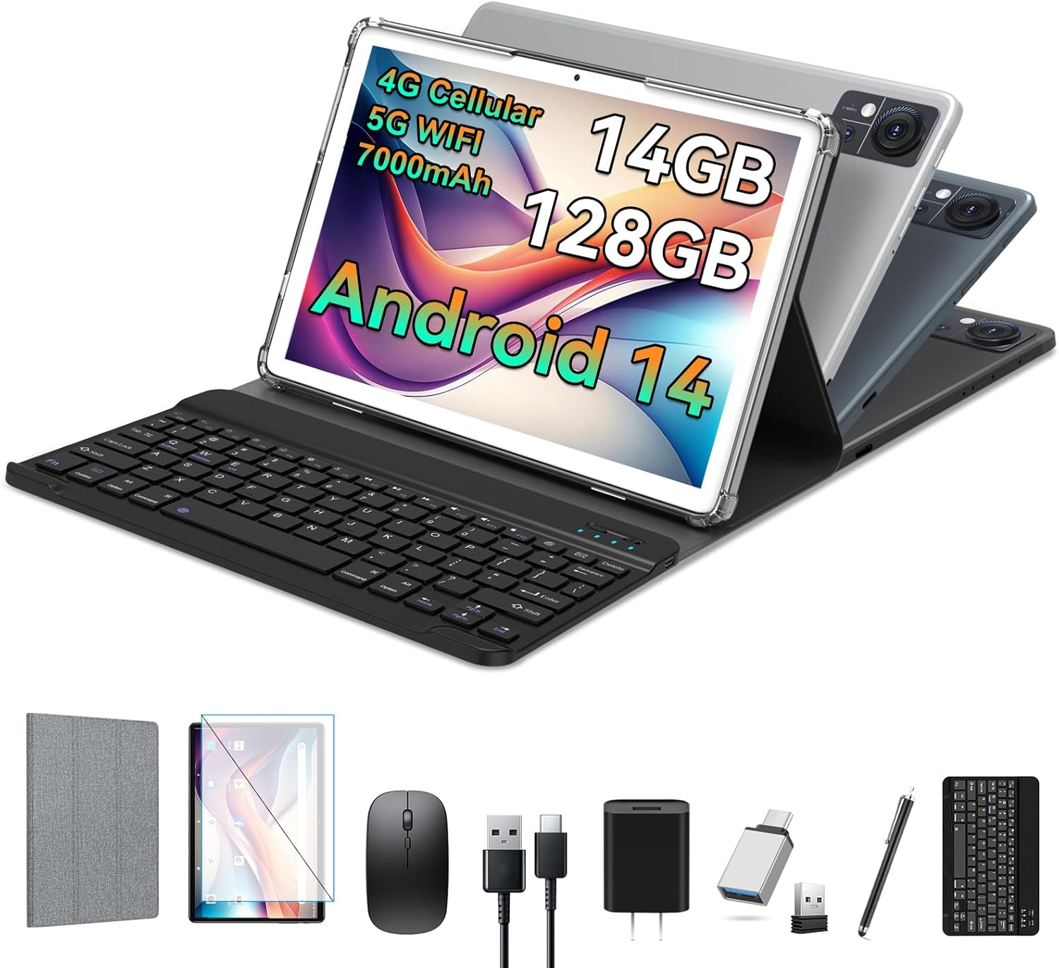 Android 14 Tablet 10 Inch Incell Screen, 2025 Latest 4G Cellular Tablet with Keyboard 14GB RAM(8+6 Virtual)+128GB ROM+1TB, 2 in 1 Octa-Core Tablet 5G WIFI 7000mAh Battery, Bluetooth/Mouse/Case(Silver)