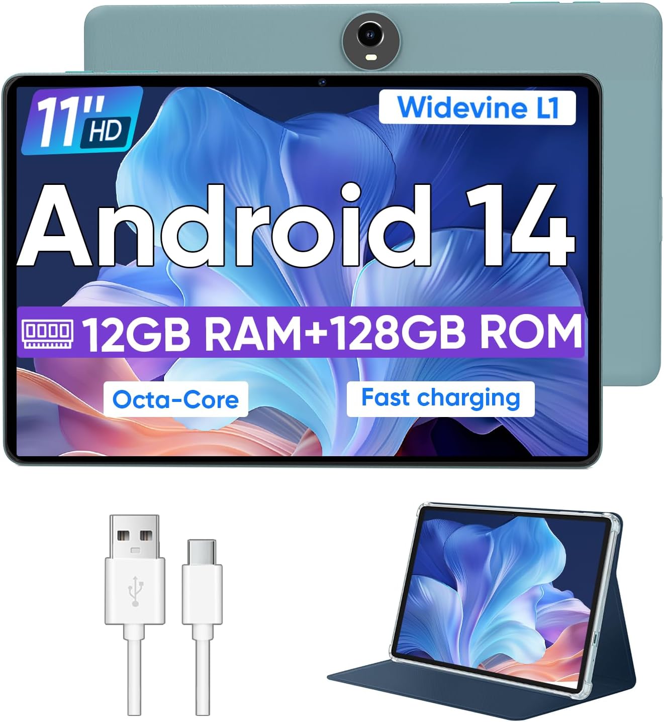 Android 14 Tablet 11 Inch Tablets, Octa Core Unisoc T606 Android Tablet, 12GB RAM + 128GB ROM, Widevine L1, 8000mAh Battery, WiFi/GPS Tablet PC - Blue