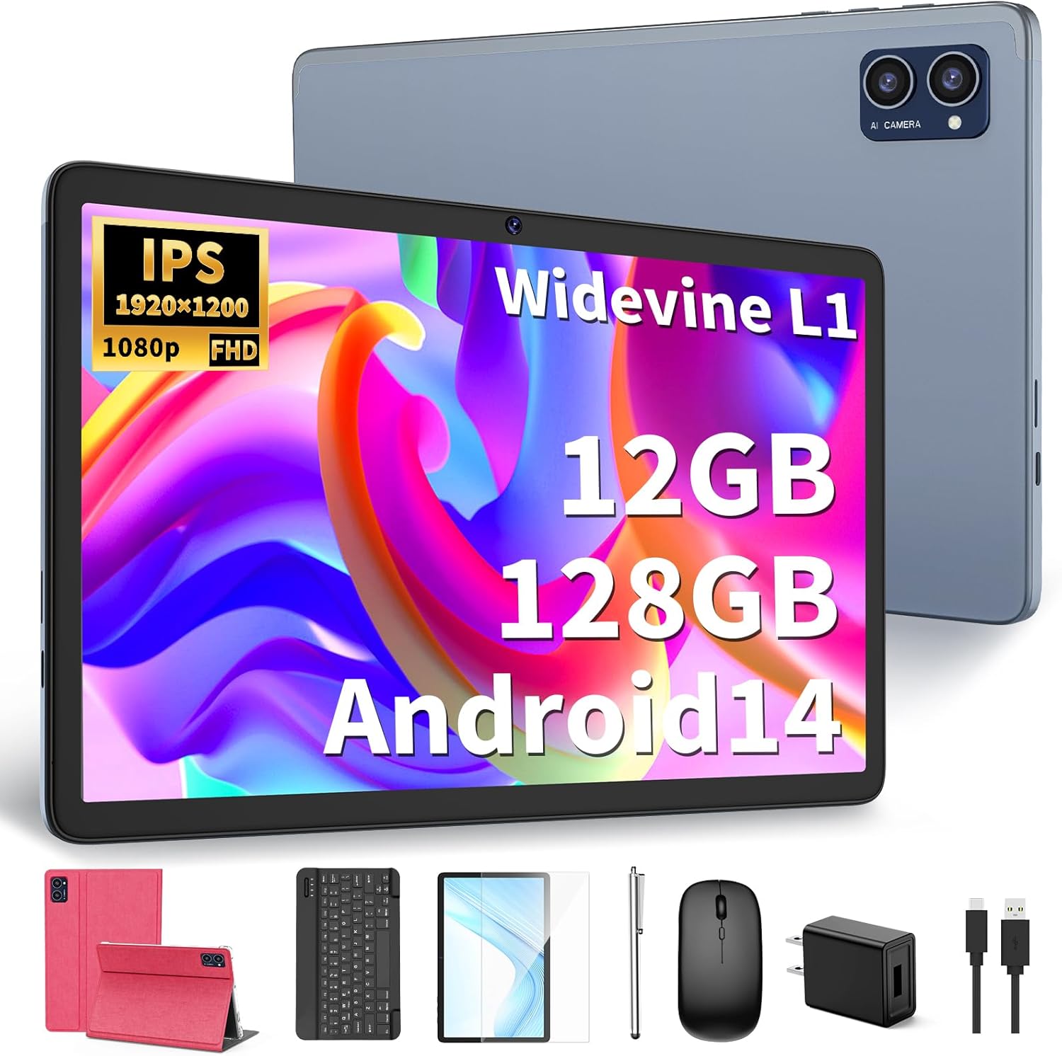 Android Tablet with Keyboard, 10 inch Android 14 Tablet, 12GB RAM+128 Storage(Expand to 1TB), Octa-Core, 2K 1920x 1200 Display, 13MP Dual Camera, 7000mAh, 5G/2.4G WiFi,GPS,Bluetooth 5.0(Pink)