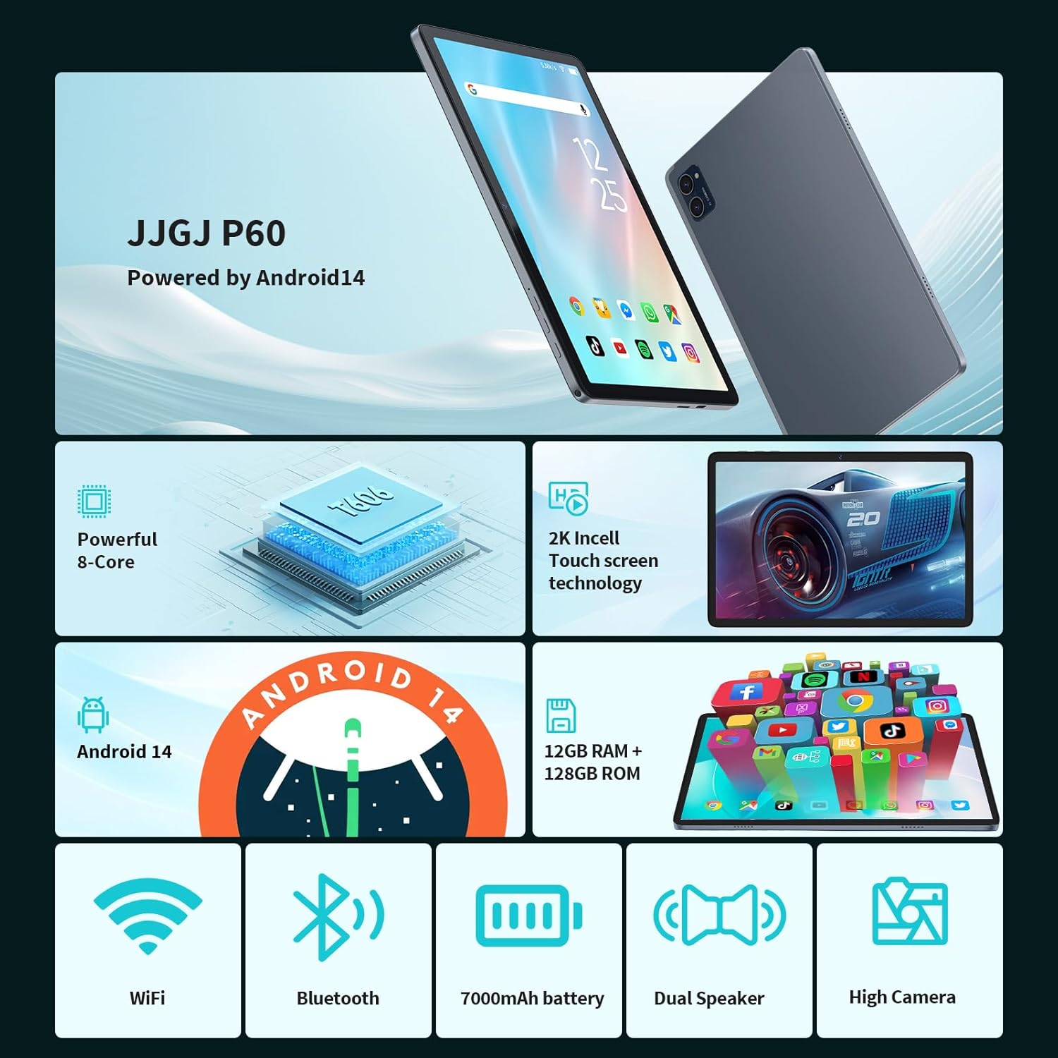 Android Tablet with Keyboard, 10 inch Android 14 Tablet, 12GB RAM+128 Storage(Expand to 1TB), Octa-Core, 2K 1920x 1200 Display, 13MP Dual Camera, 7000mAh, 5G/2.4G WiFi,GPS,Bluetooth 5.0(Green)