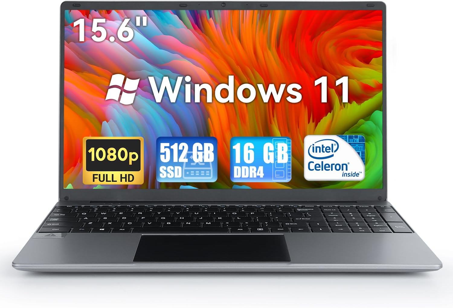 Laptop Computer, 16GB RAM 512GB ROM Intel Celeron Quad-Core Processors, 15.6 inch Laptops, 1920 x 1080 IPS, 38Wh Battery, WiFi, Bluetooth, Type-C, TF Card, Mini-HDMI