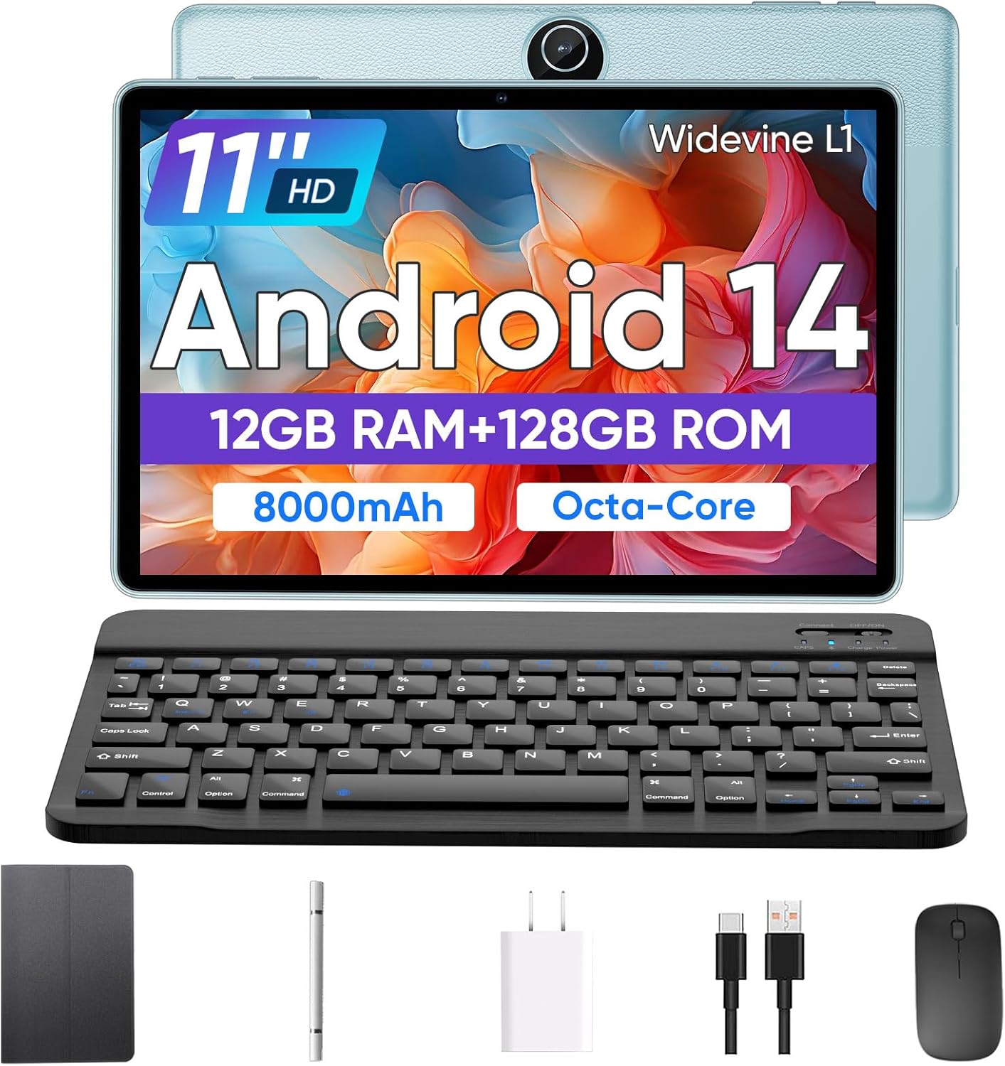 Tablet 11 inch Android 14 Tablet, 12GB RAM+128GB ROM, Octa-Core Tablets with Keyboard, GPS, 8000mAh, 800x1280 FHD Display, Dual Camera, WiFi, Bluetooth (Black)