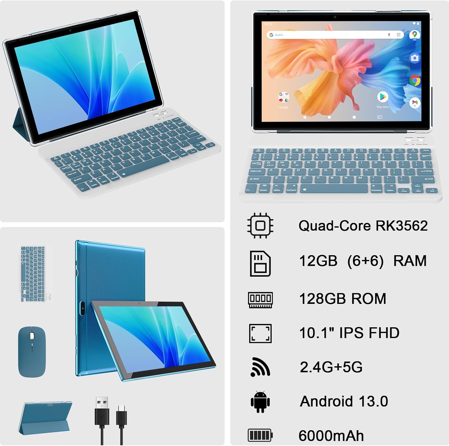 Android 13 Tablet 10 Inch, 12GB RAM 128GB ROM/1TB Expandable Tablet, 2 in 1 Tablets with Keyboard Mouse Case Stylus, Quad-core 2.0GHz Processor Tablet, 1280*800 IPS HD Touch Screen, 5G WiFi 6 Tablet