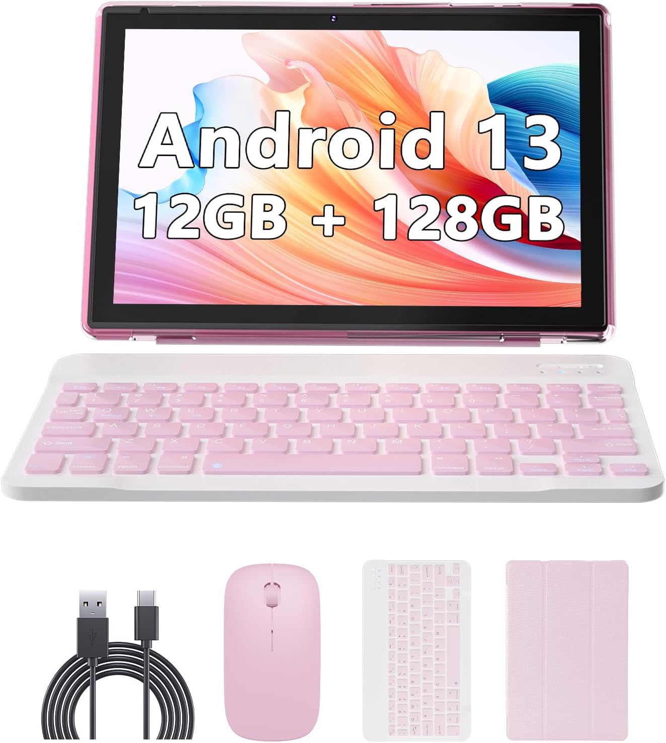 Android 13 Tablet 10 Inch, 12GB RAM 128GB ROM/1TB Expandable Tablet, 2 in 1 Tablets with Keyboard Mouse Case Stylus, Quad-core 2.0GHz Processor Tablet, 1280*800 IPS HD Touch Screen, 5G WiFi 6 Tablet